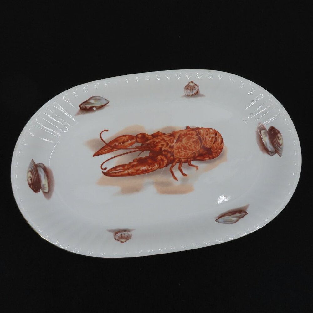 Vintage Wawel Poland Lobster Mussels Clams Gold Trim Seafood Platter Oval Plate